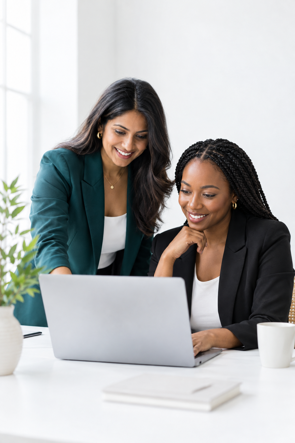 Two professional women collaborating at a laptop in a bright white studio